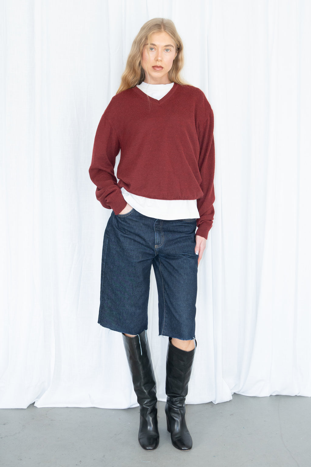 Burgundy V-Neck Knit Sweater - Size L