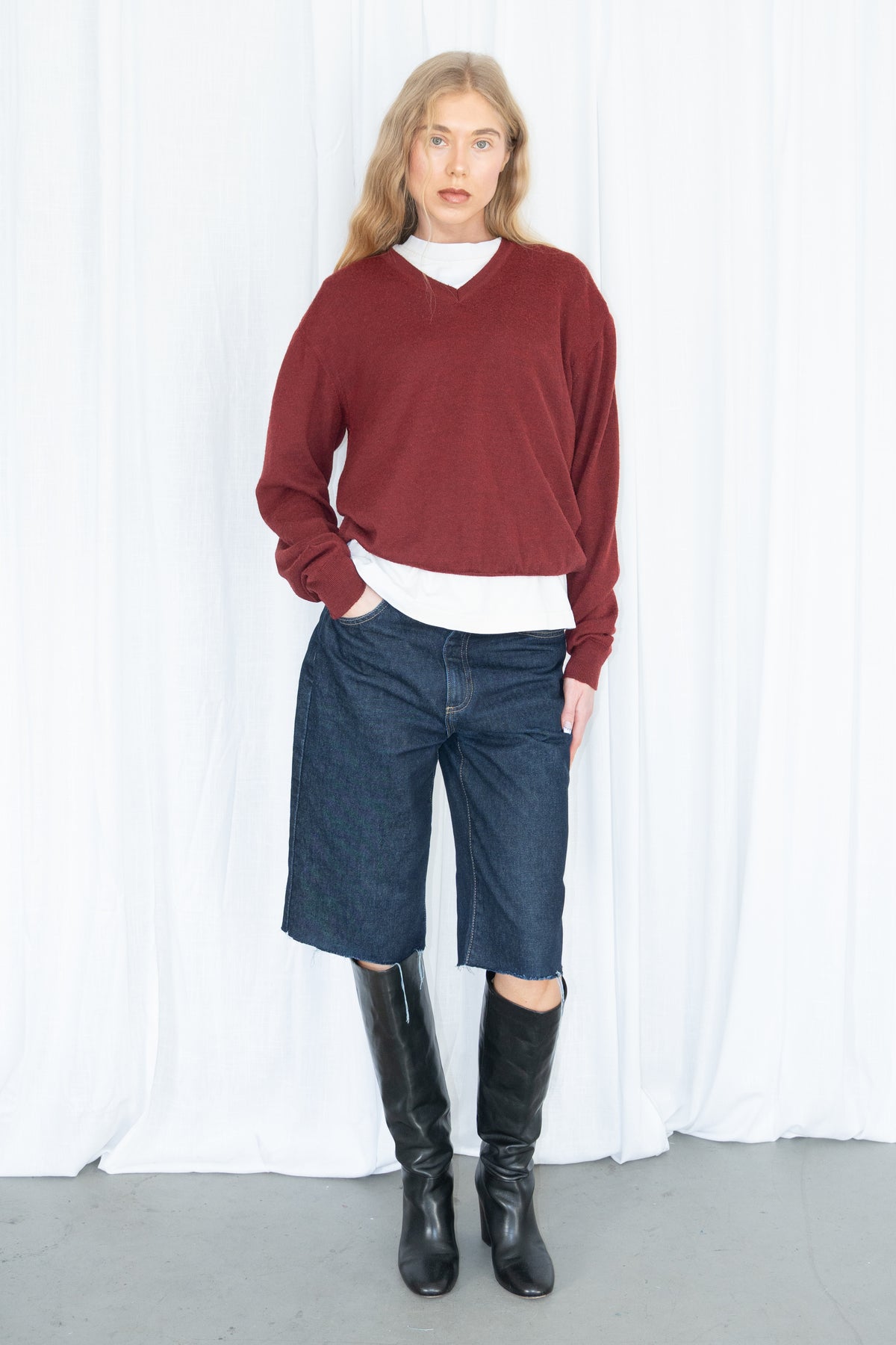 Burgundy V-Neck Knit Sweater - Size L