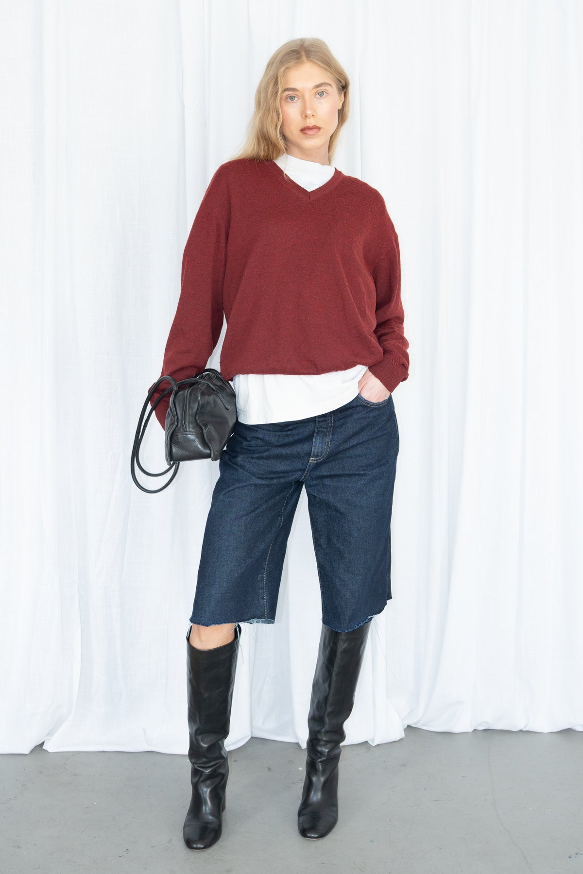 Burgundy V-Neck Knit Sweater - Size L