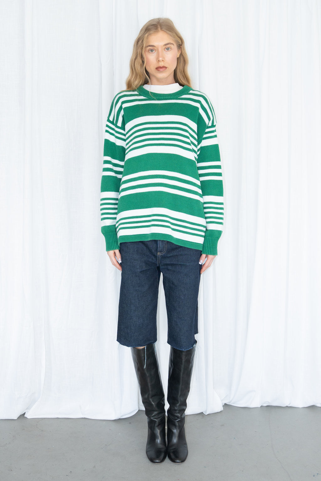100% Cotton Green & White Striped Knit Sweater - Size XL