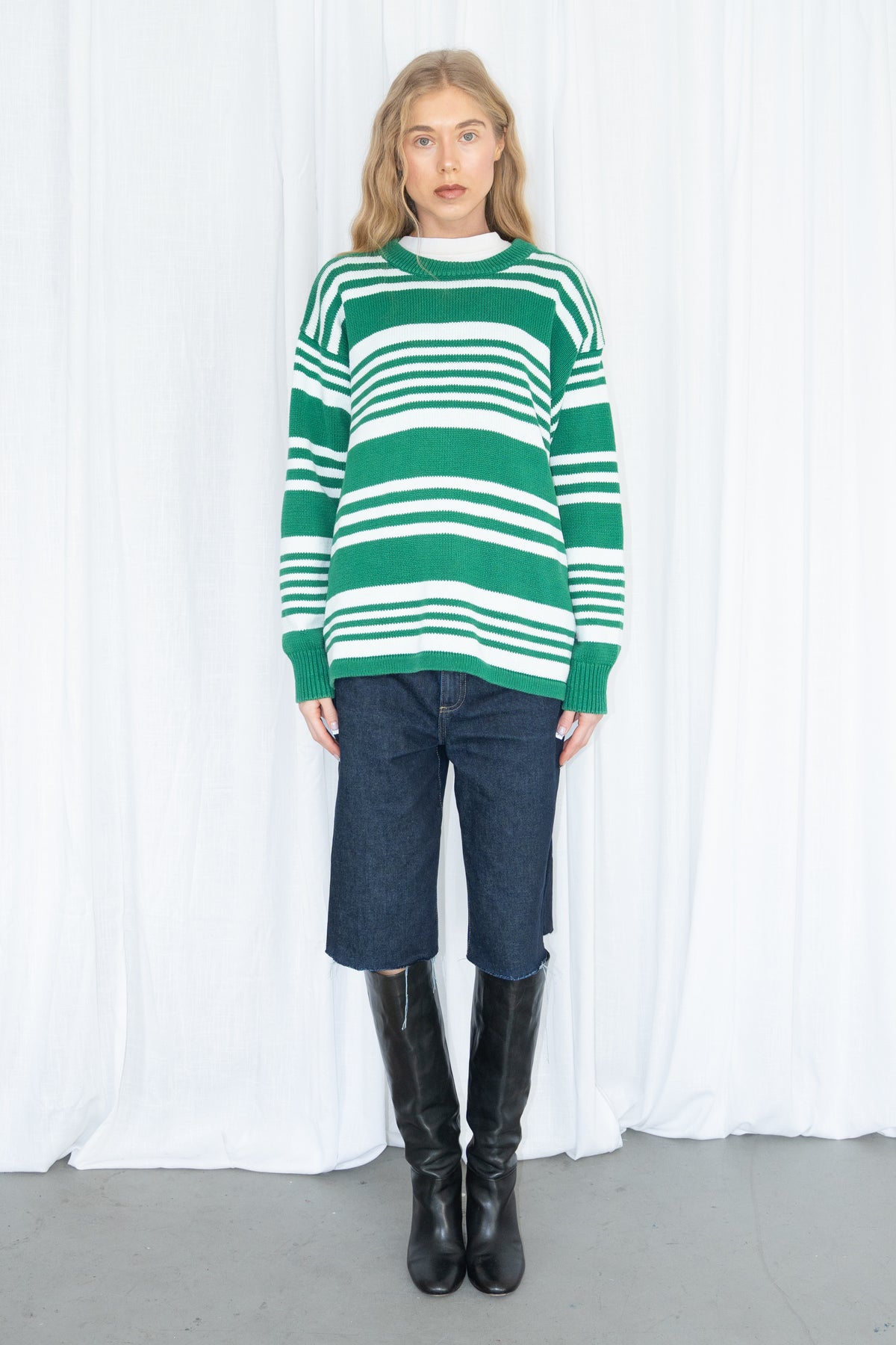 100% Cotton Green & White Striped Knit Sweater - Size XL