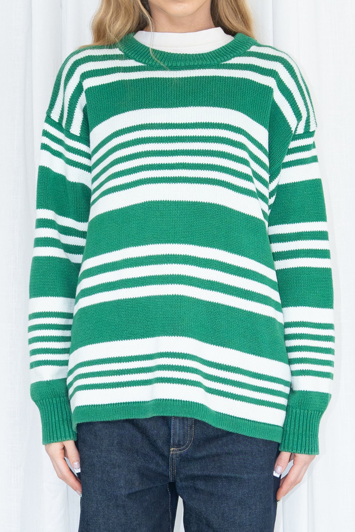 100% Cotton Green & White Striped Knit Sweater - Size XL