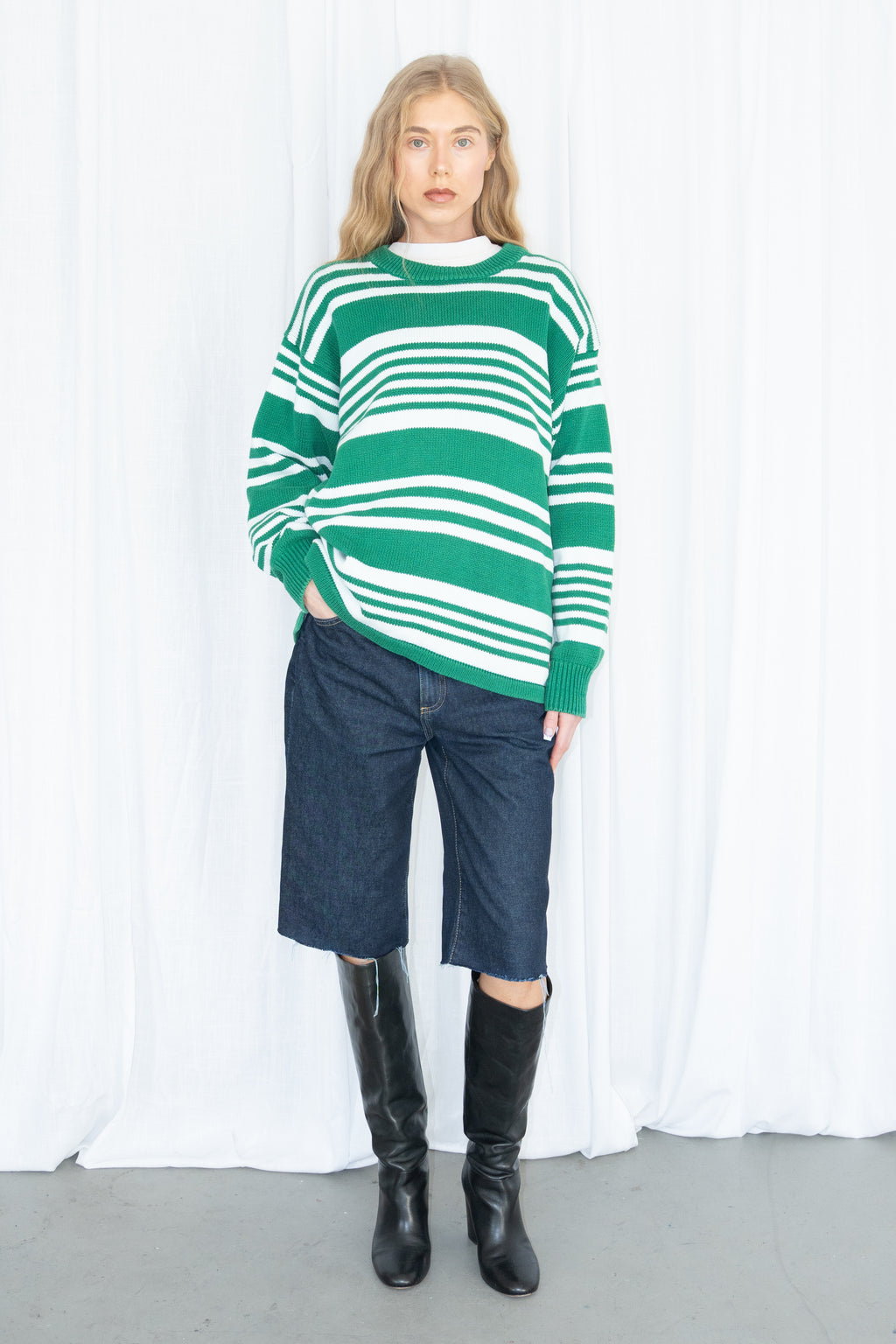 100% Cotton Green & White Striped Knit Sweater - Size XL