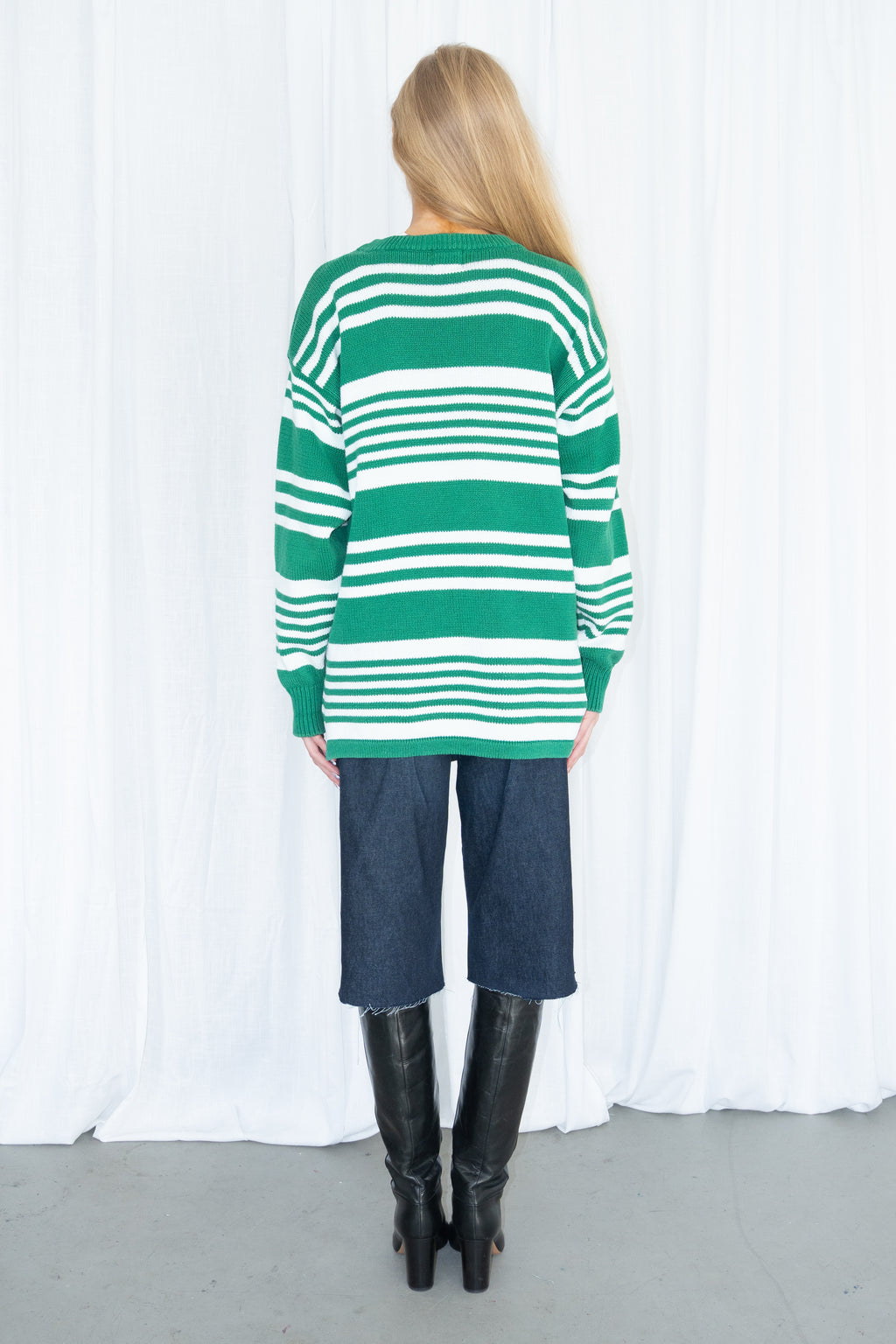 100% Cotton Green & White Striped Knit Sweater - Size XL