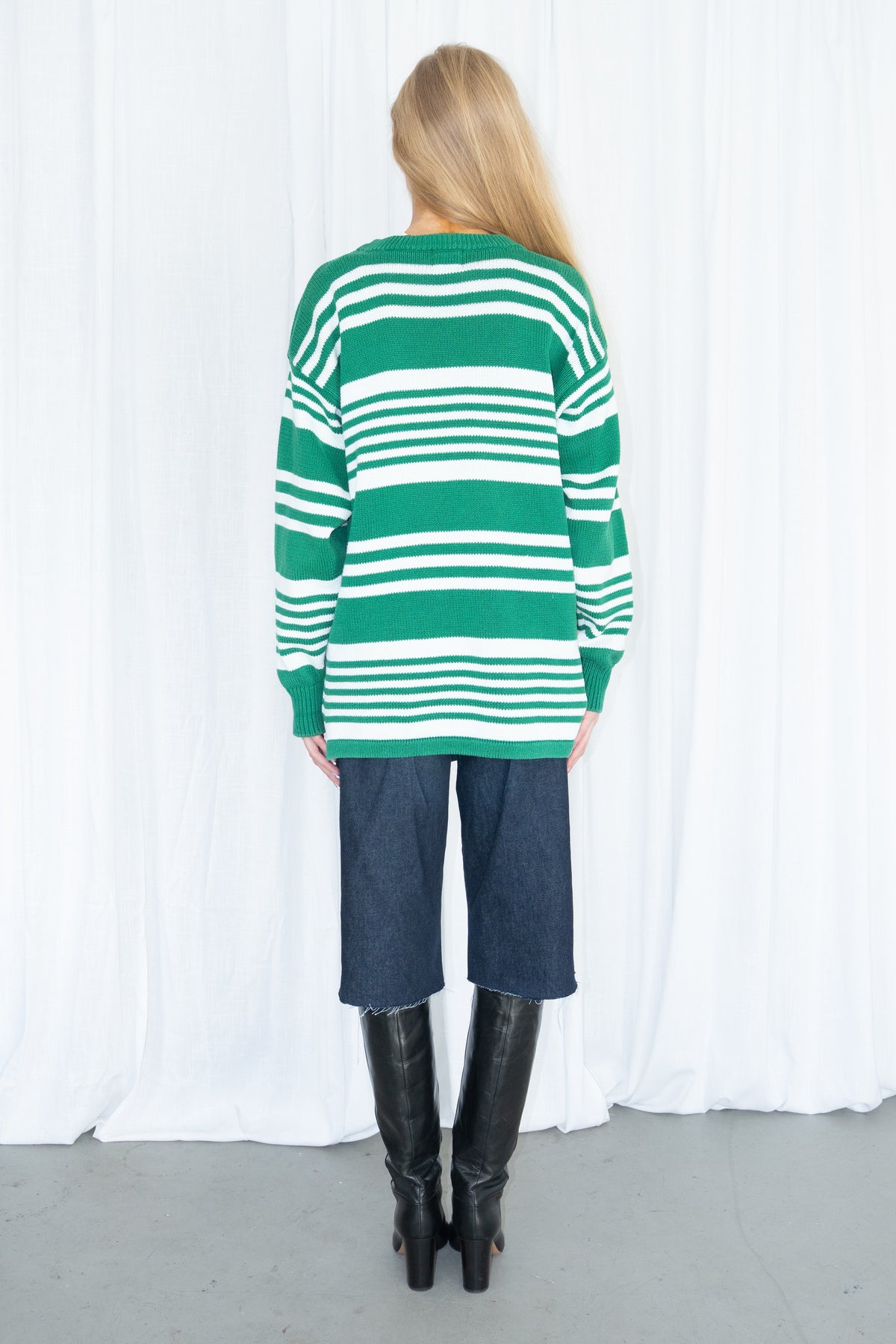 100% Cotton Green & White Striped Knit Sweater - Size XL