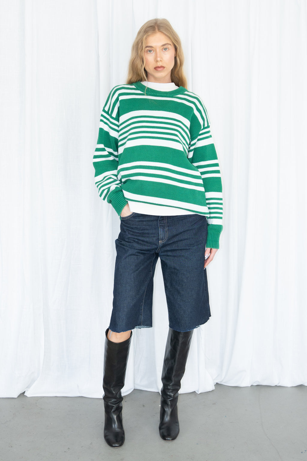 100% Cotton Green & White Striped Knit Sweater - Size XL