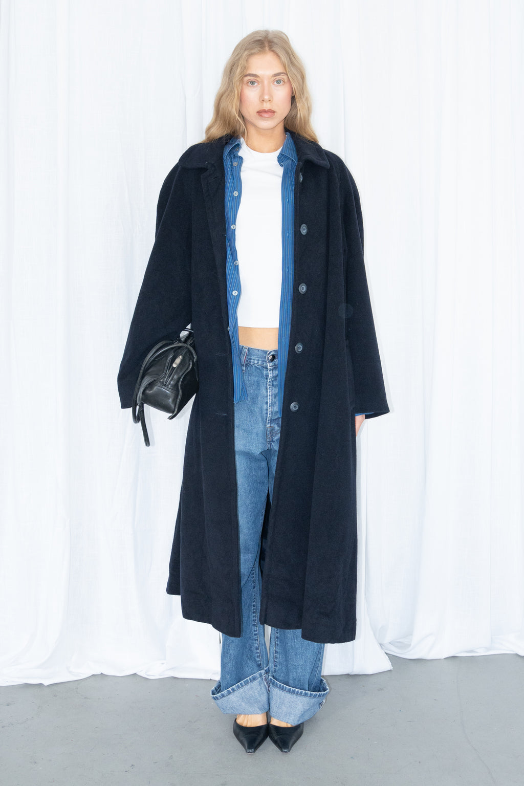 Dark Navy Blue Oversized Wool Long Coat - Size L