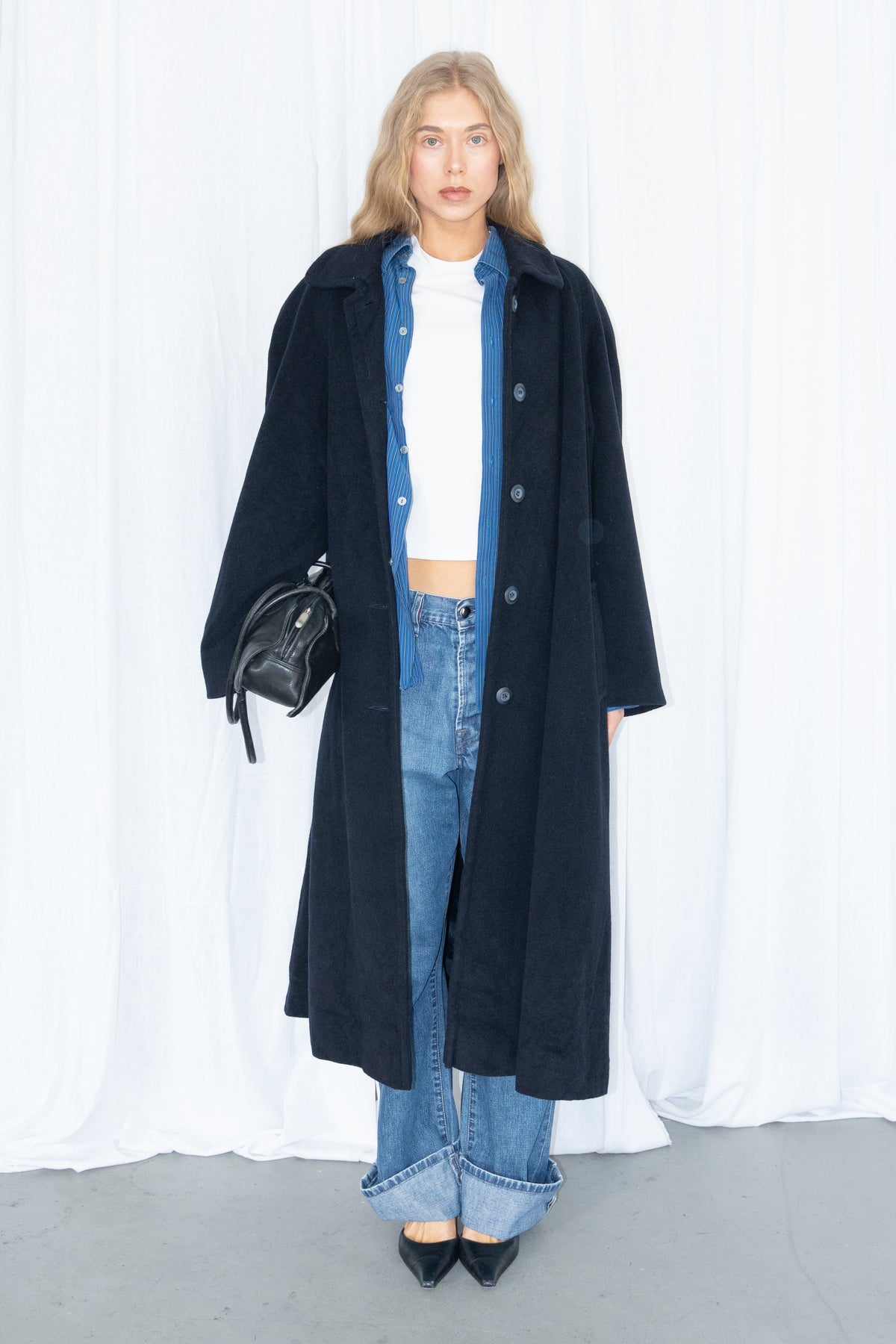 Dark Navy Blue Oversized Wool Long Coat - Size L