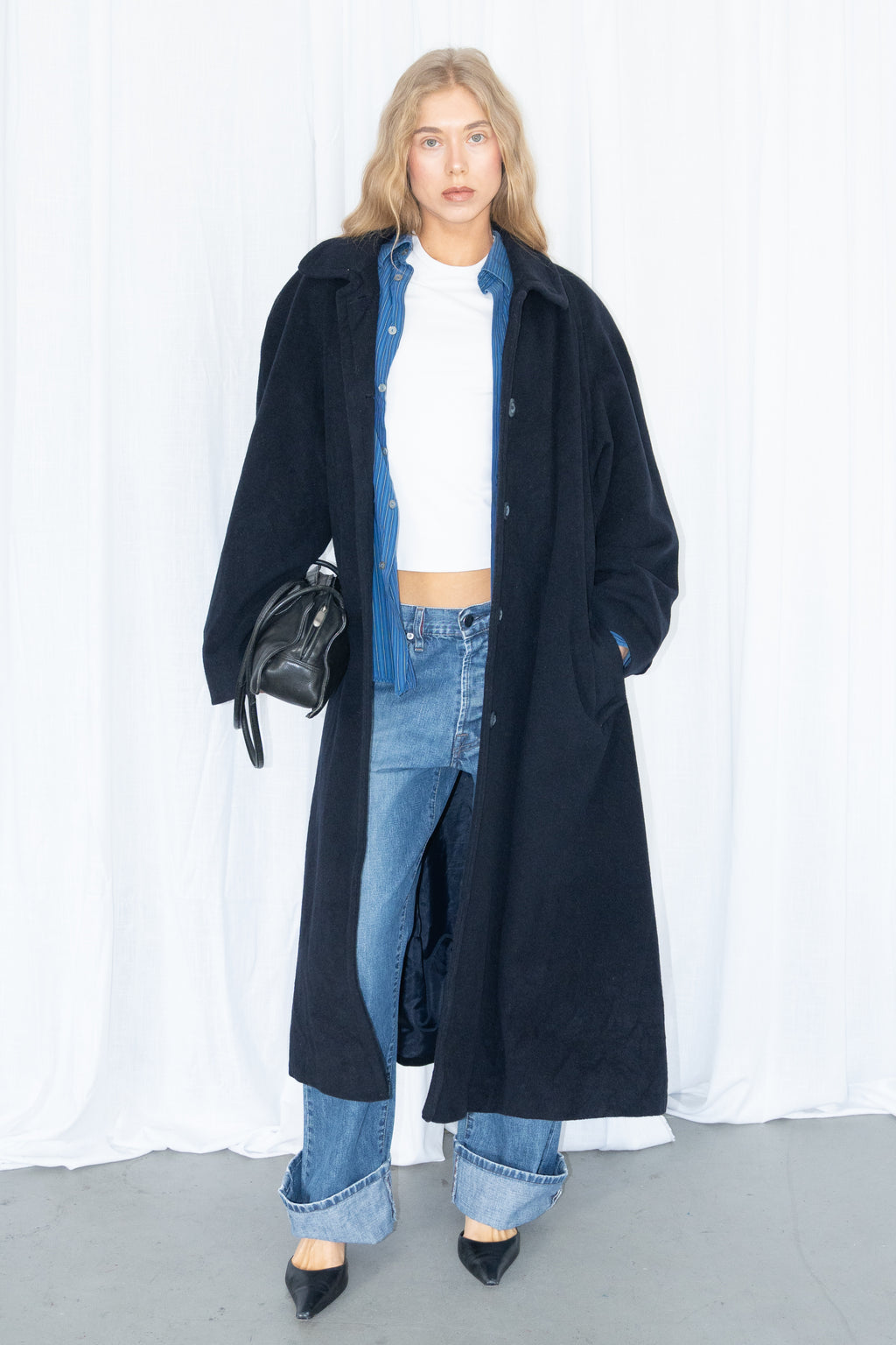 Dark Navy Blue Oversized Wool Long Coat - Size L