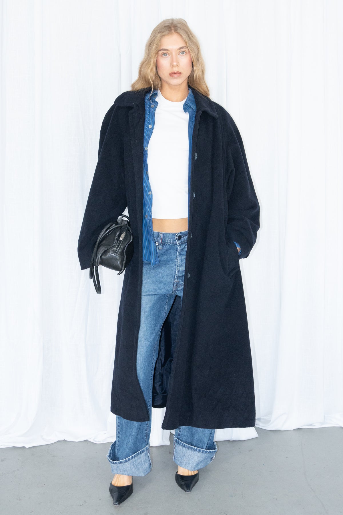 Dark Navy Blue Oversized Wool Long Coat - Size L