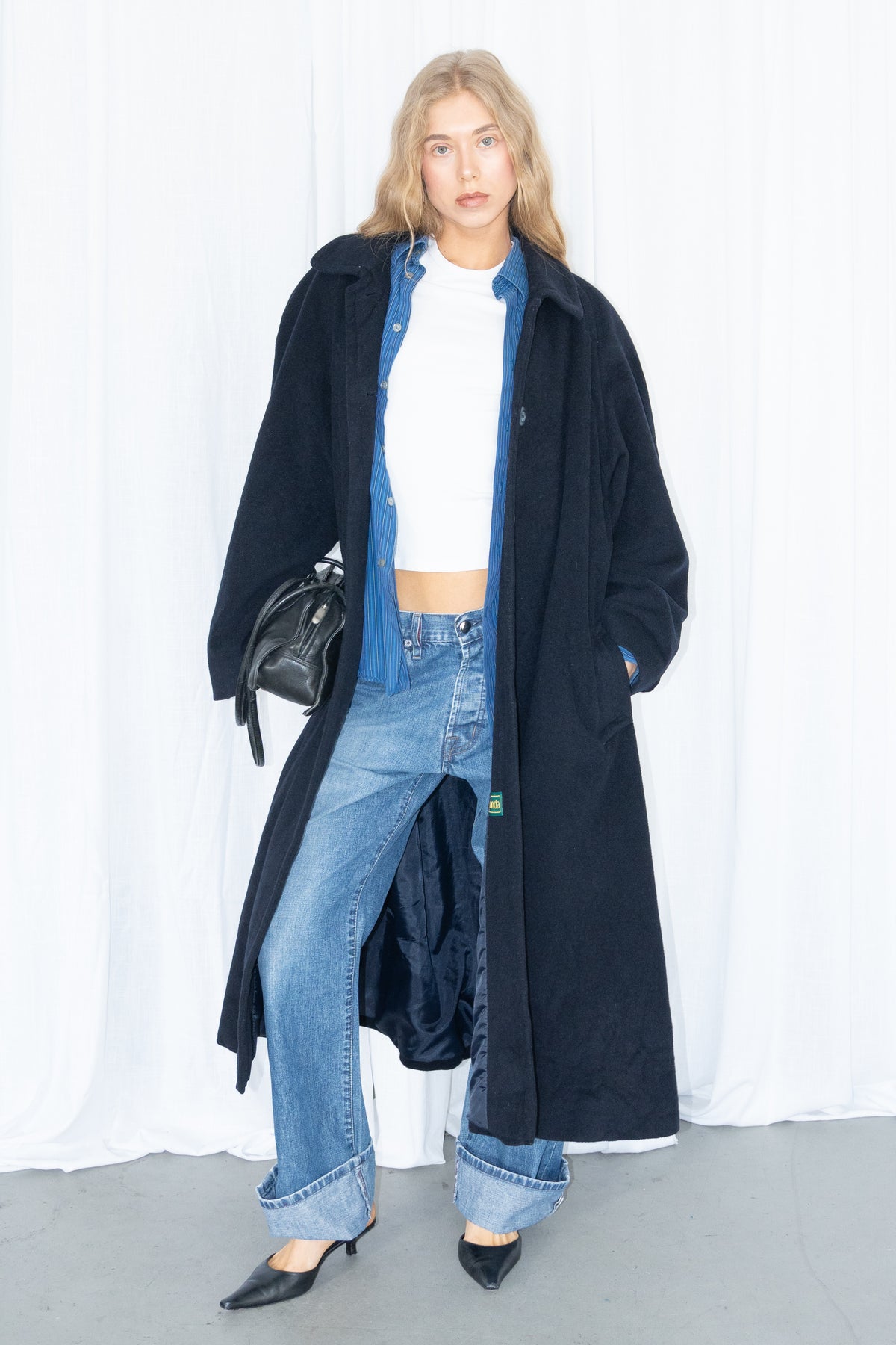 Dark Navy Blue Oversized Wool Long Coat - Size L