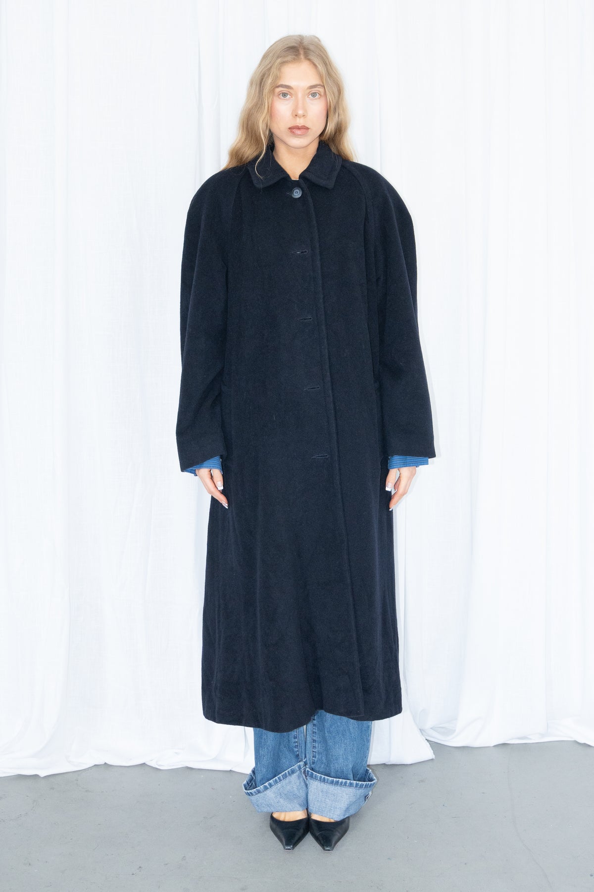Dark Navy Blue Oversized Wool Long Coat - Size L