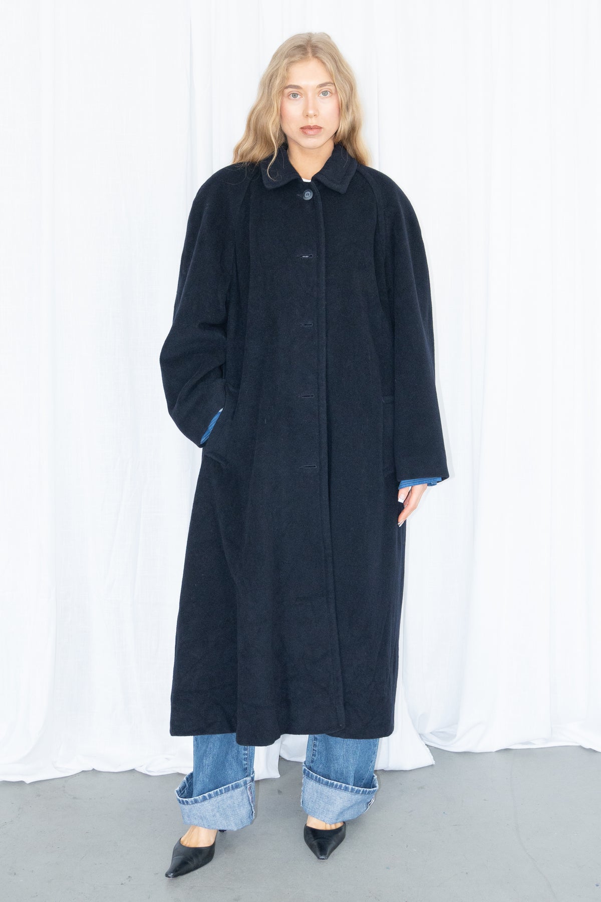 Dark Navy Blue Oversized Wool Long Coat - Size L