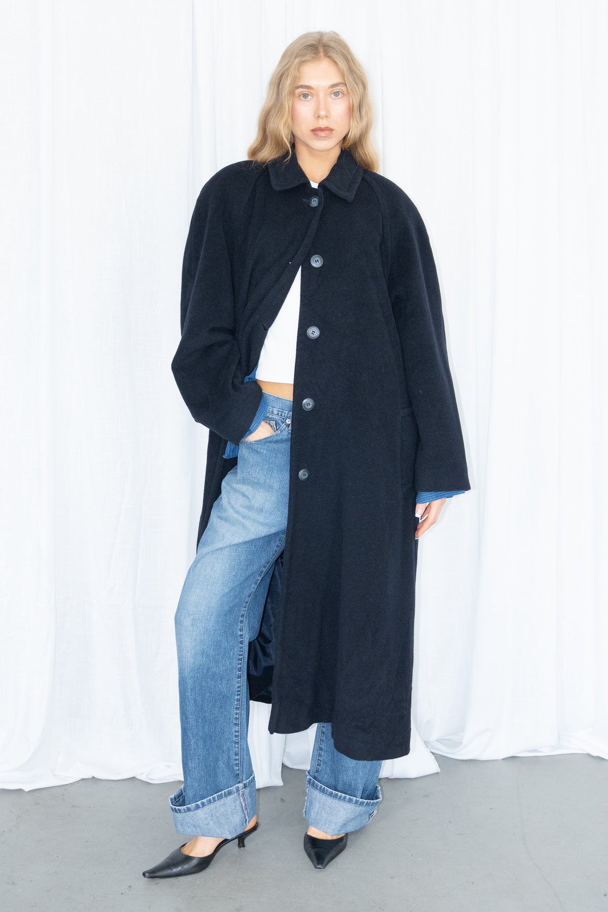 Dark Navy Blue Oversized Wool Long Coat - Size L
