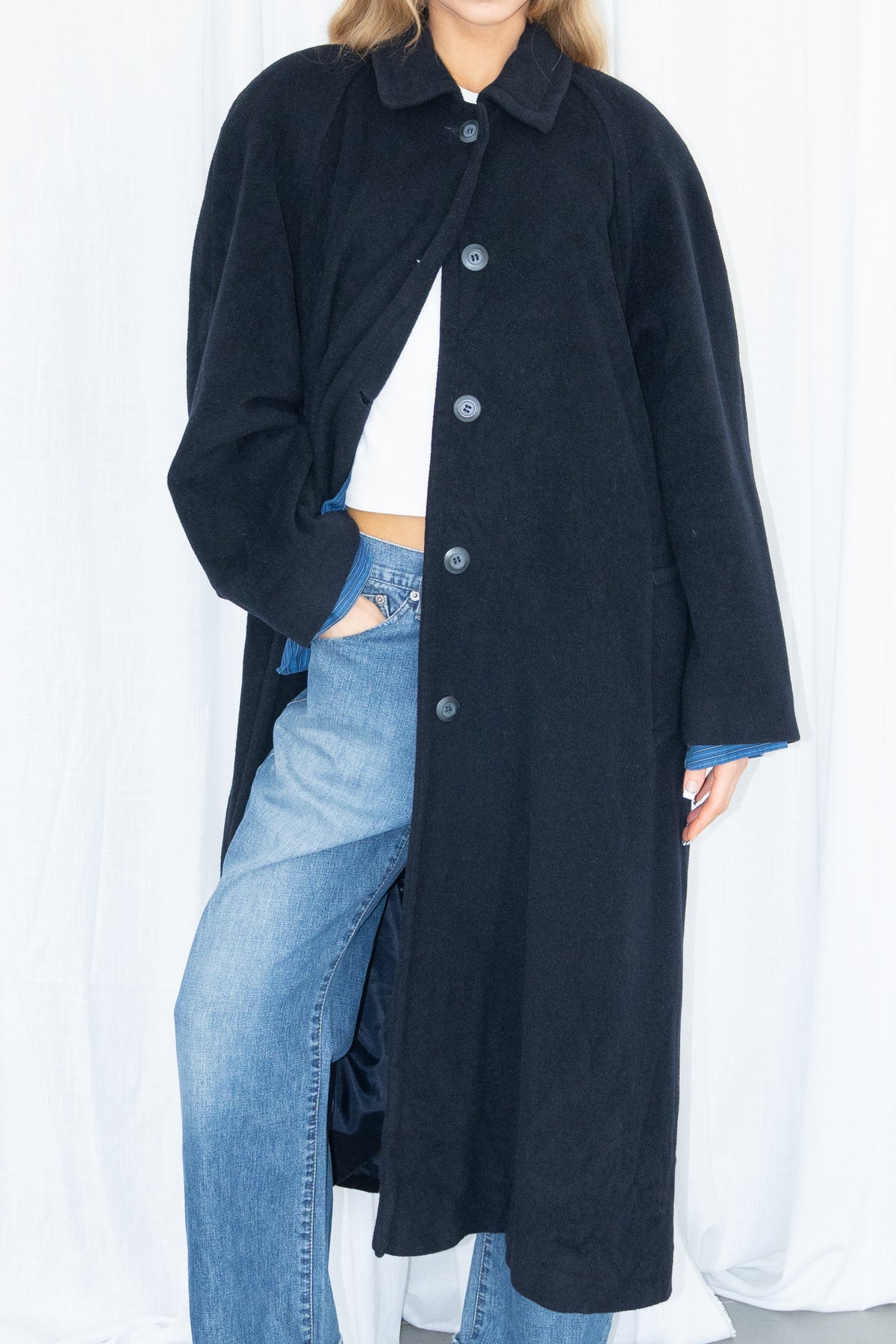 Dark Navy Blue Oversized Wool Long Coat - Size L