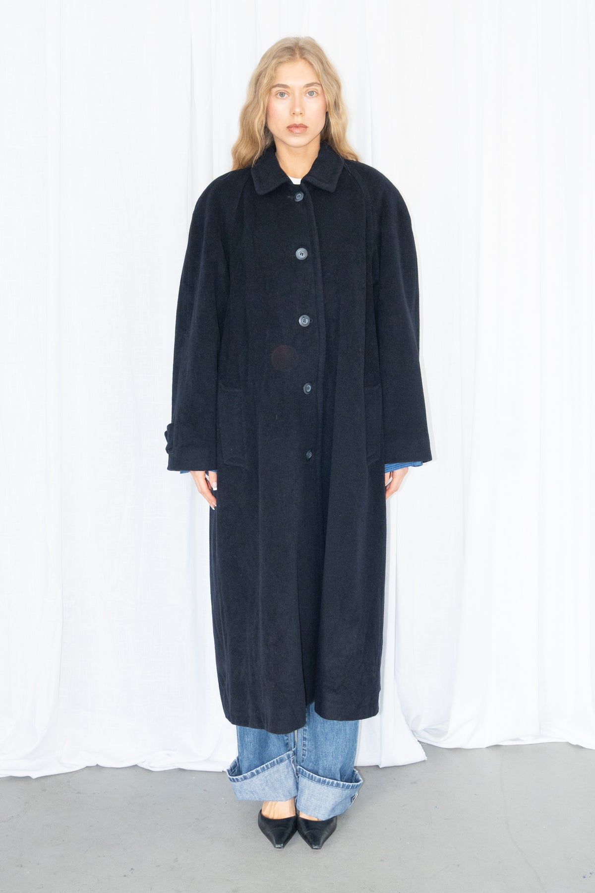 Dark Navy Blue Oversized Wool Long Coat - Size L
