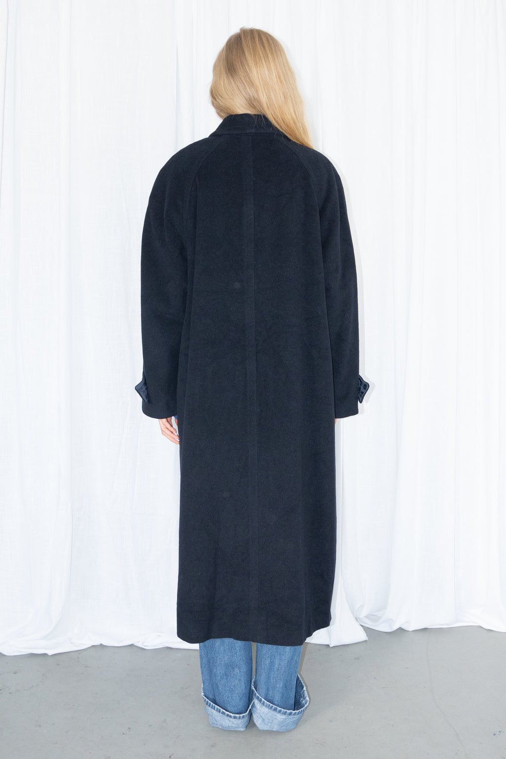 Dark Navy Blue Oversized Wool Long Coat - Size L