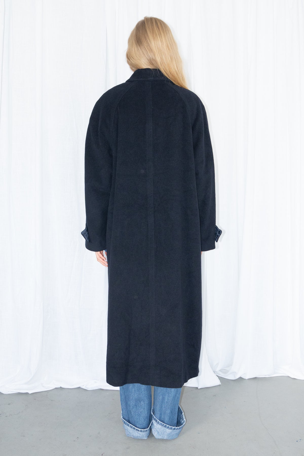 Dark Navy Blue Oversized Wool Long Coat - Size L