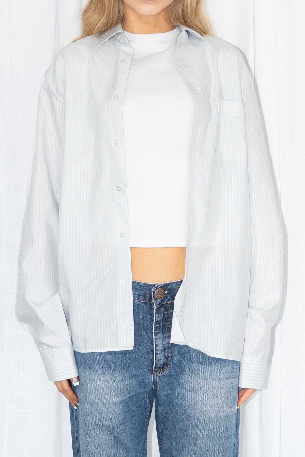 White/Green-ishGrey Pinstripe Shirt - Size S/M