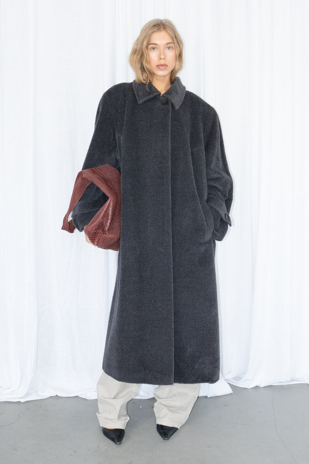 Grey Oversized Long Coat 80% Lama Wool - Size XL