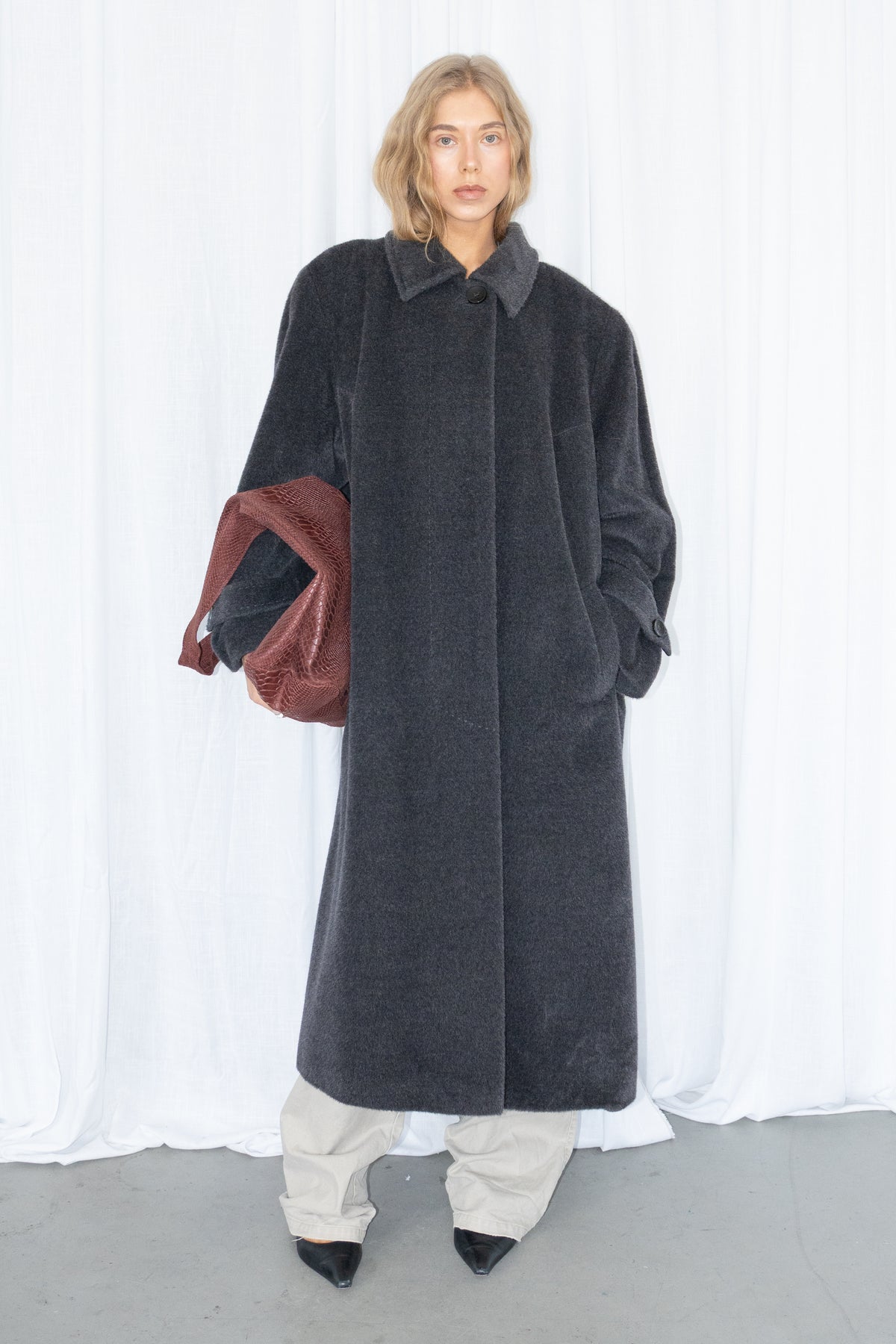 Grey Oversized Long Coat 80% Lama Wool - Size XL