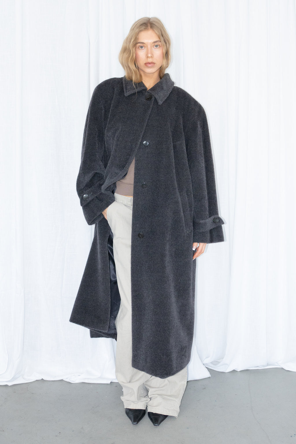 Grey Oversized Long Coat 80% Lama Wool - Size XL