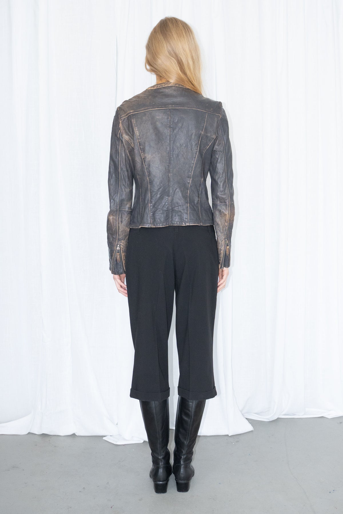 Brown Grey Washed Leather Jacket - Size M/L