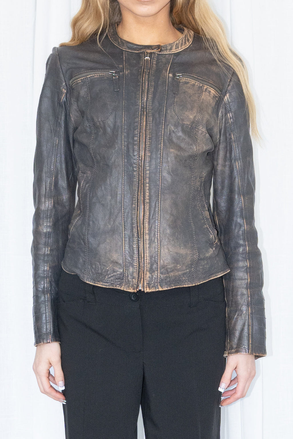 Brown Grey Washed Leather Jacket - Size M/L