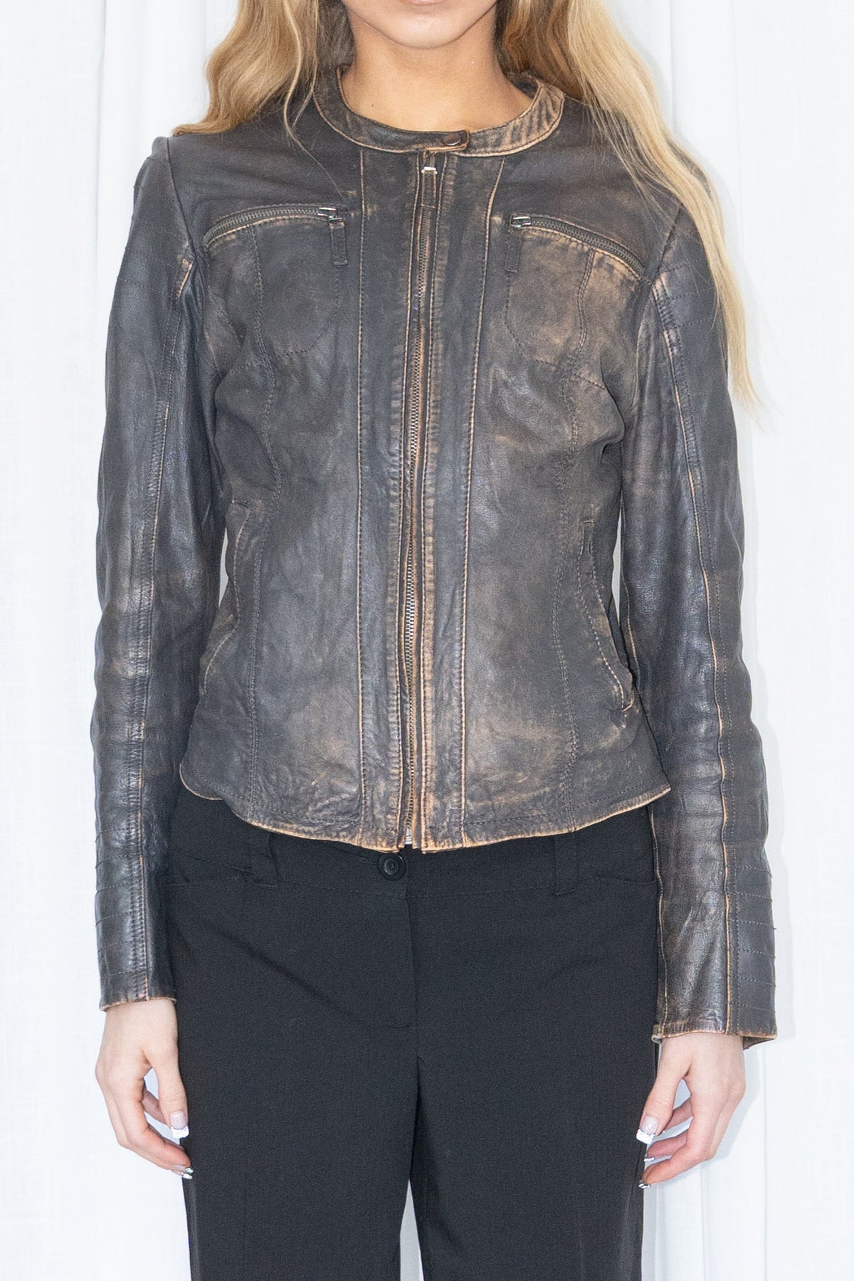 Brown Grey Washed Leather Jacket - Size M/L