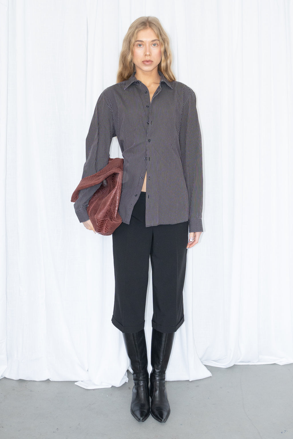 Burgundy/Grey/White Pinstripe Shirt - Size M/L