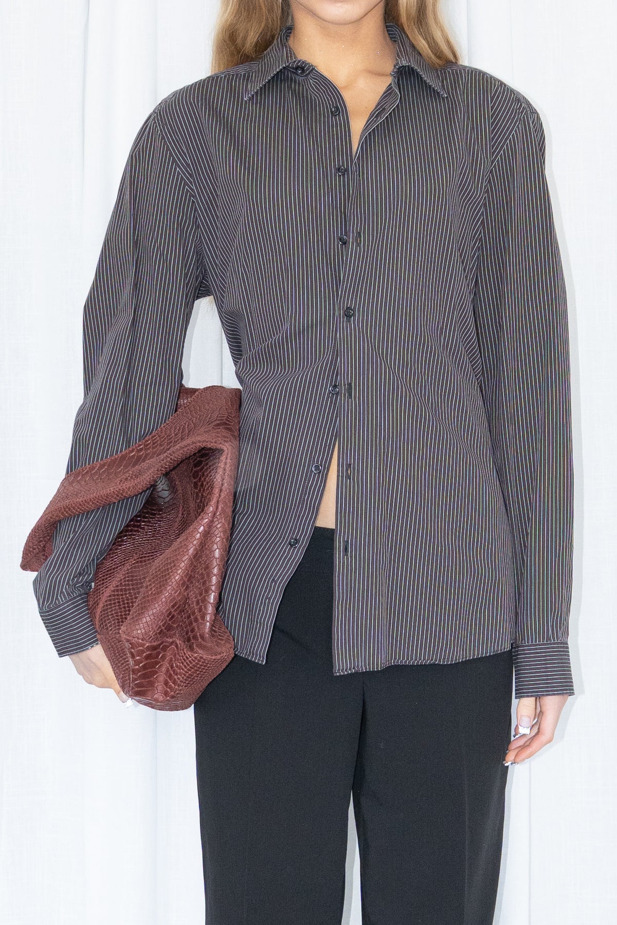 Burgundy/Grey/White Pinstripe Shirt - Size M/L