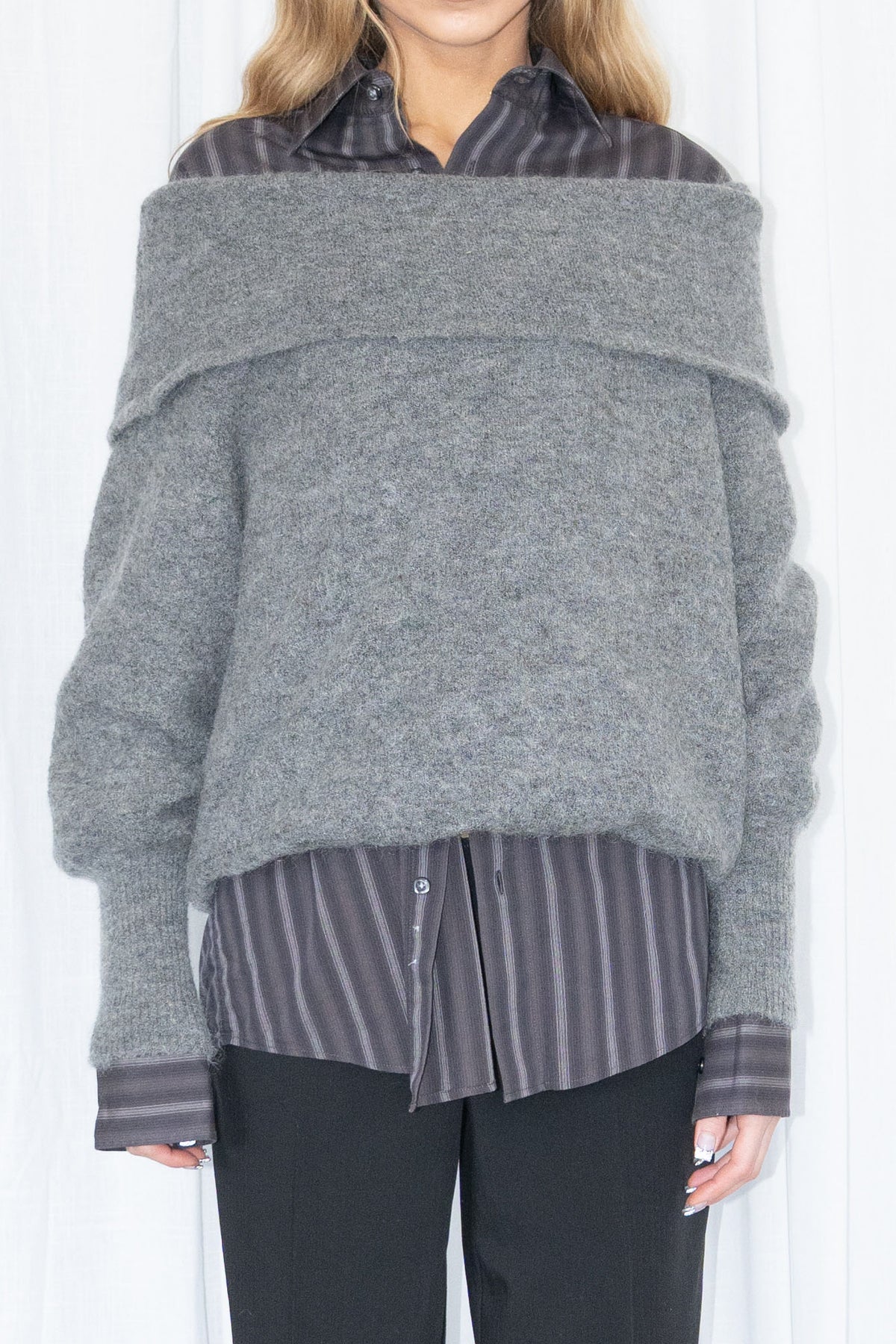 Grey Off-the-Shoulder Knit Sweater - Size M
