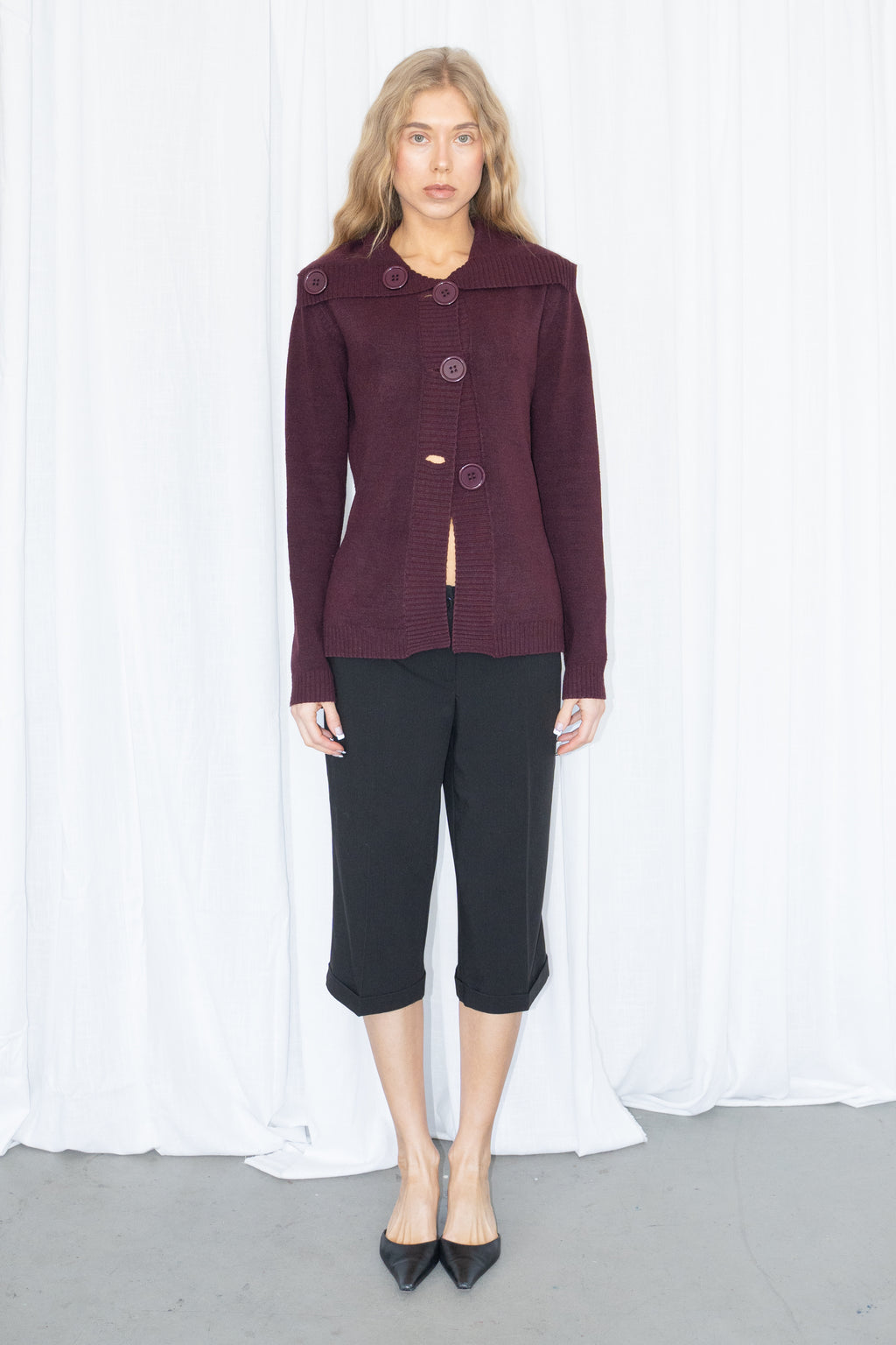 Wool Burgundy Button-Front Knit Cardigan - Size M/L