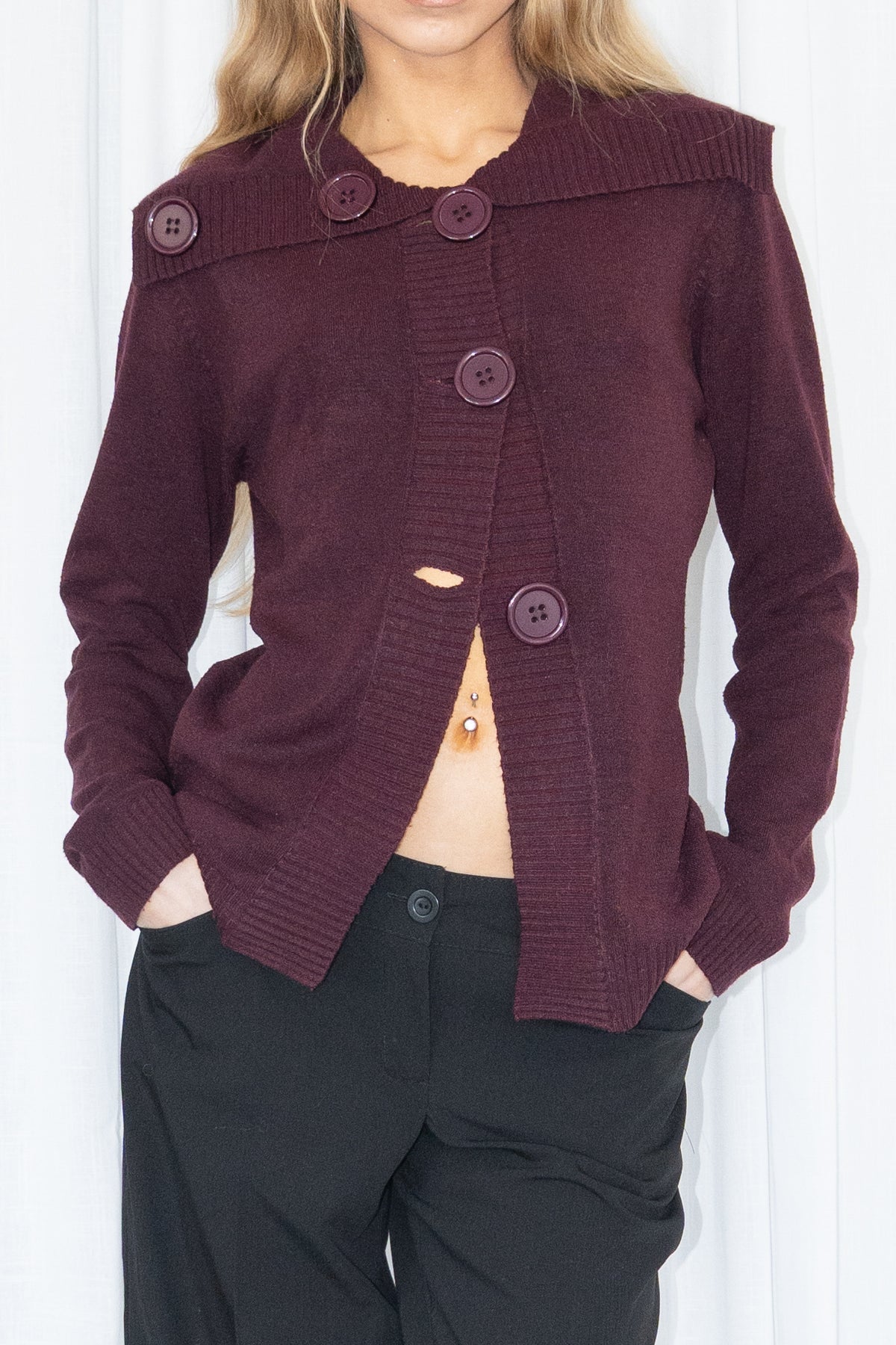 Wool Burgundy Button-Front Knit Cardigan - Size M/L