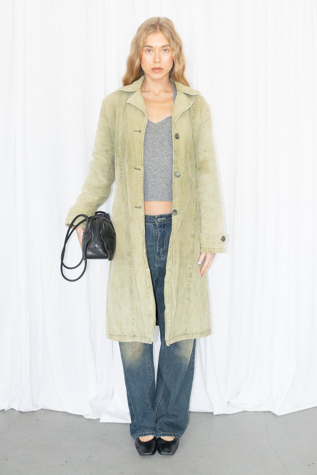 Green Corduroy Long Trench Coat - Size M/L