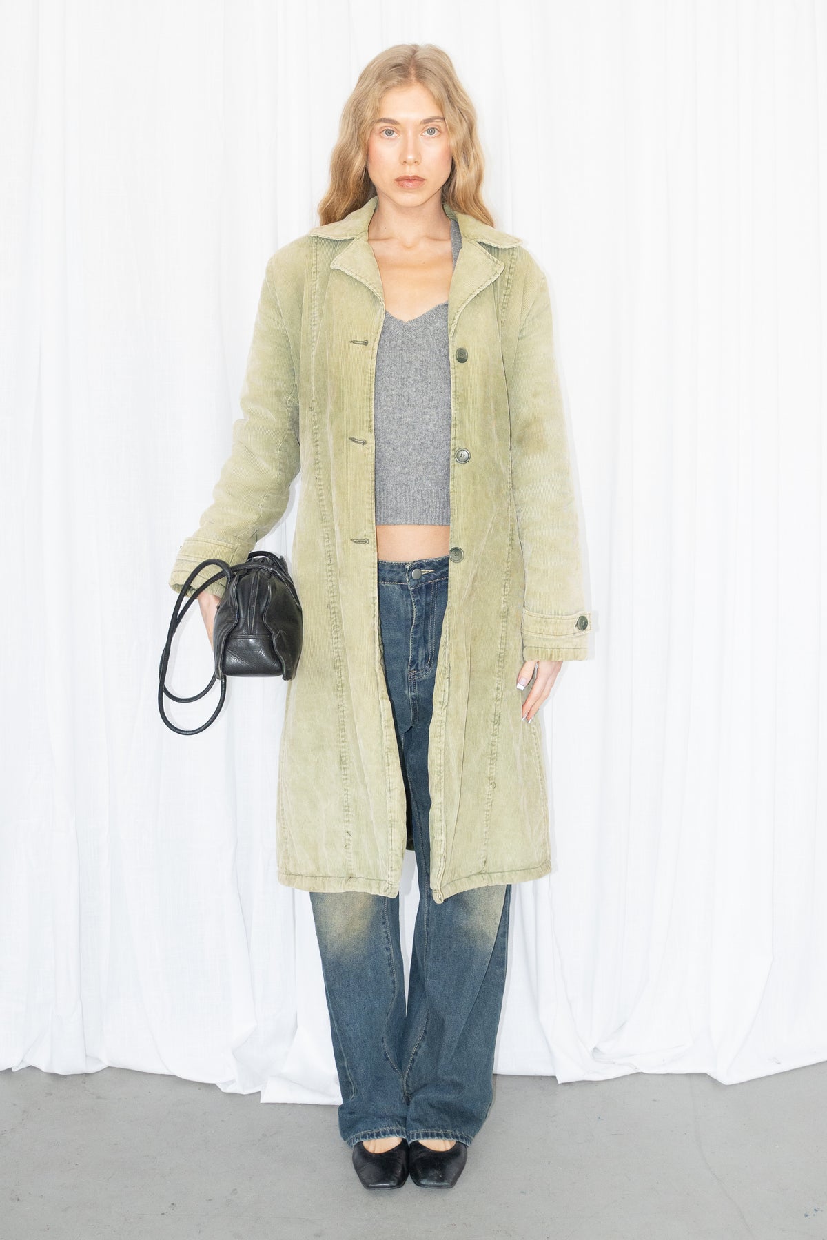 Green Corduroy Long Trench Coat - Size M/L