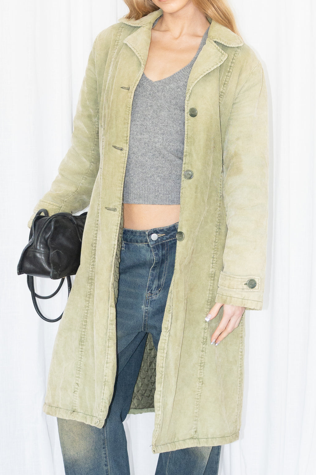 Green Corduroy Long Trench Coat - Size M/L