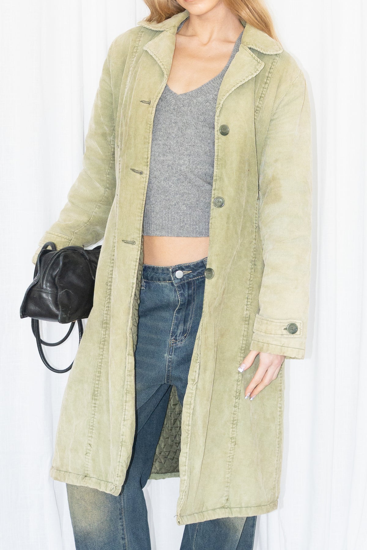 Green Corduroy Long Trench Coat - Size M/L