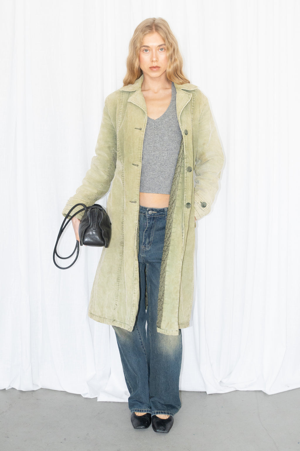 Green Corduroy Long Trench Coat - Size M/L
