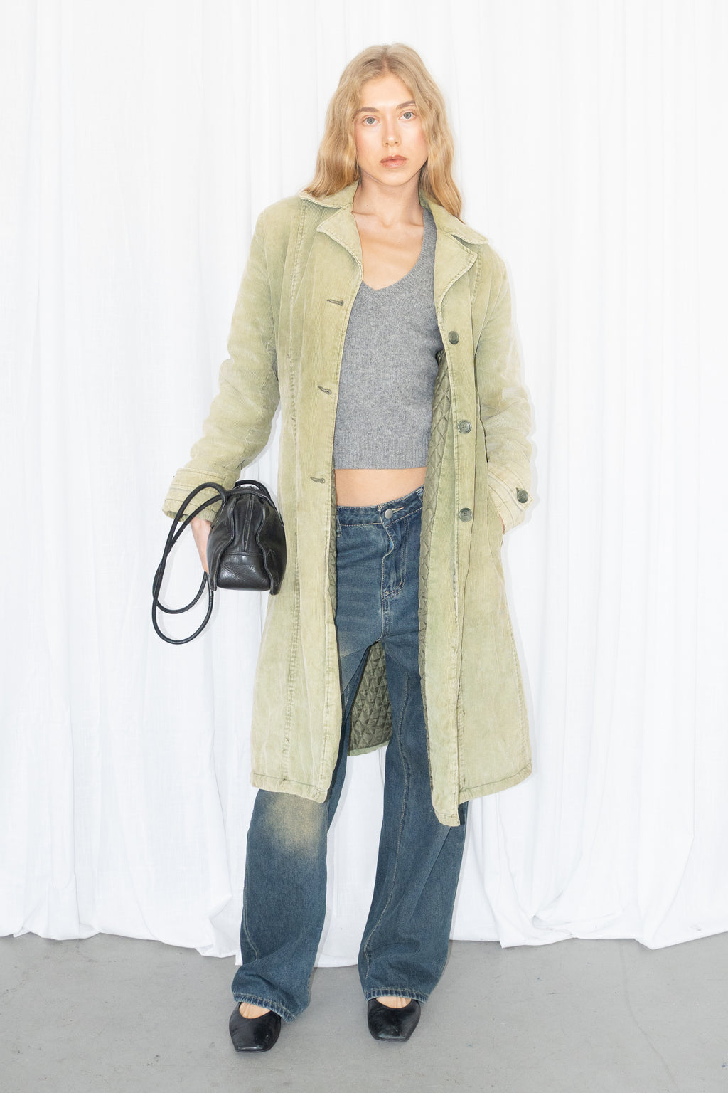 Green Corduroy Long Trench Coat - Size M/L