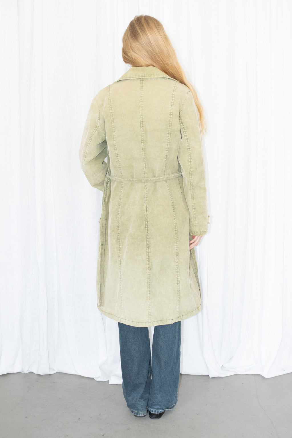 Green Corduroy Long Trench Coat - Size M/L
