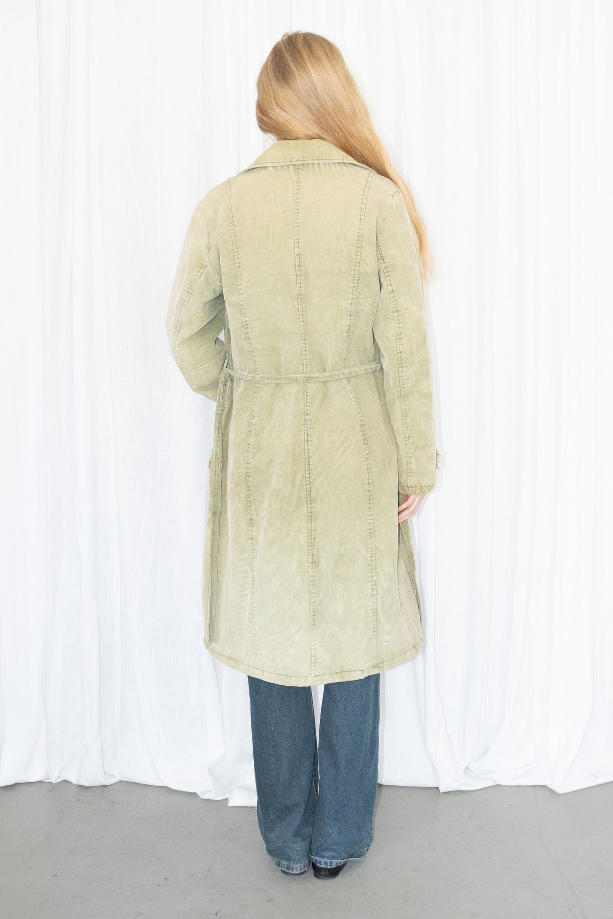 Green Corduroy Long Trench Coat - Size M/L