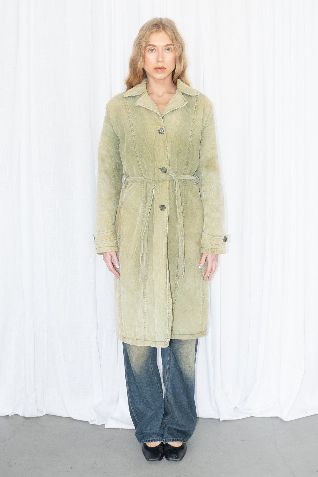 Green Corduroy Long Trench Coat - Size M/L