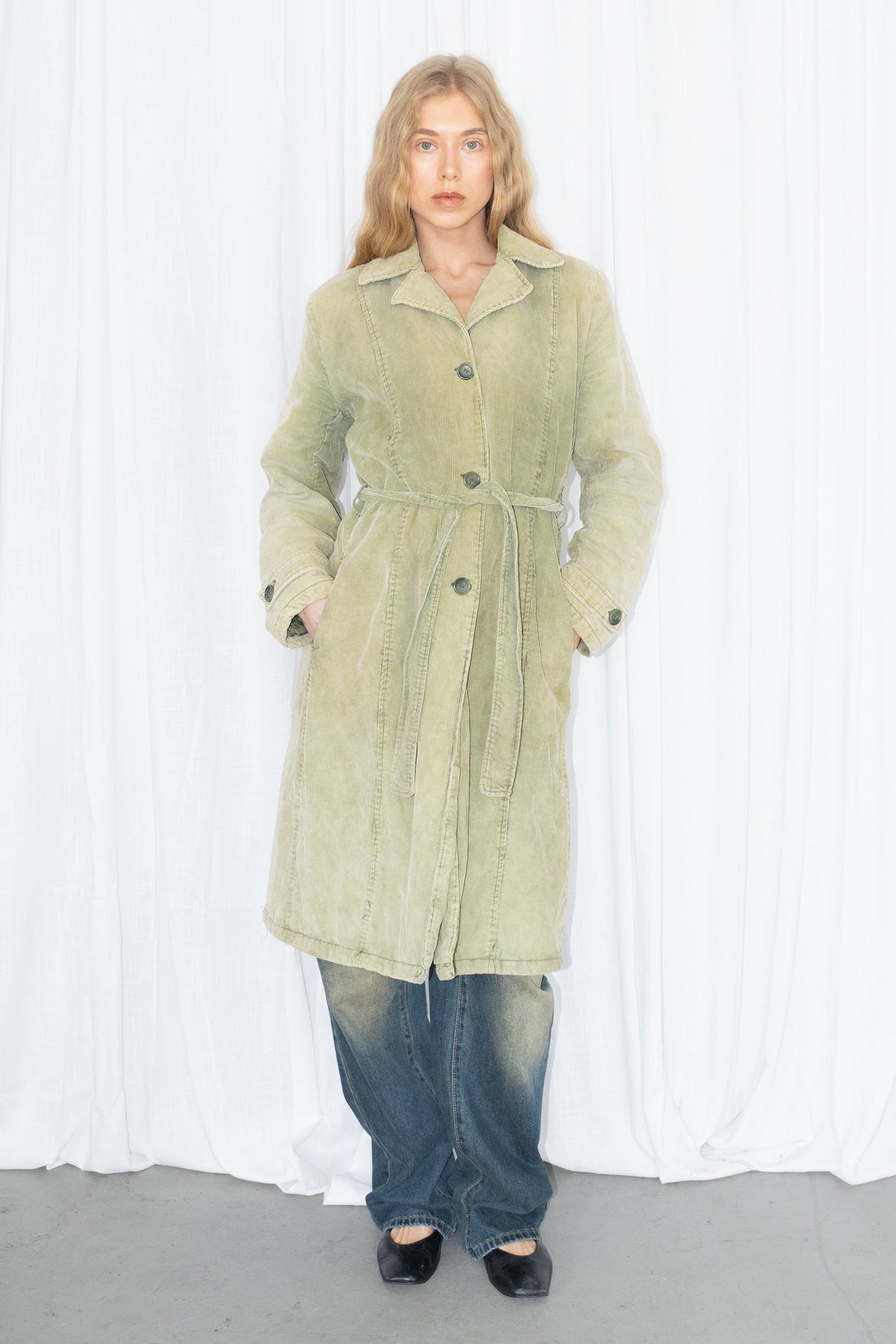 Green Corduroy Long Trench Coat - Size M/L