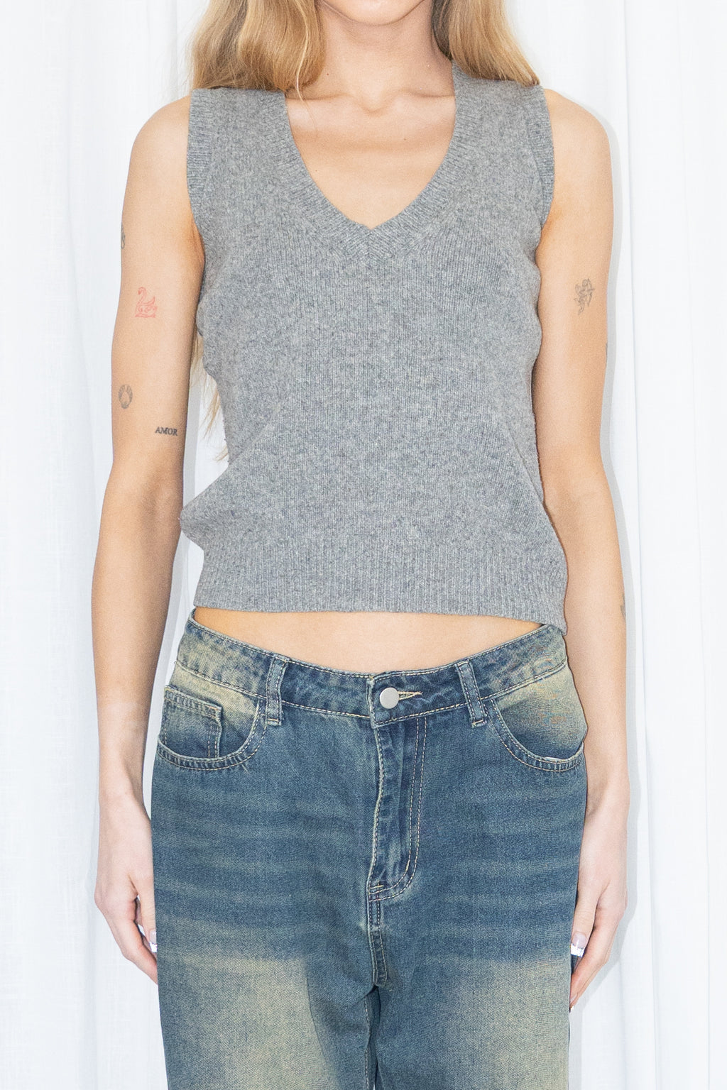 Grey V-Neck Knit Vest 100% Wool - Size S