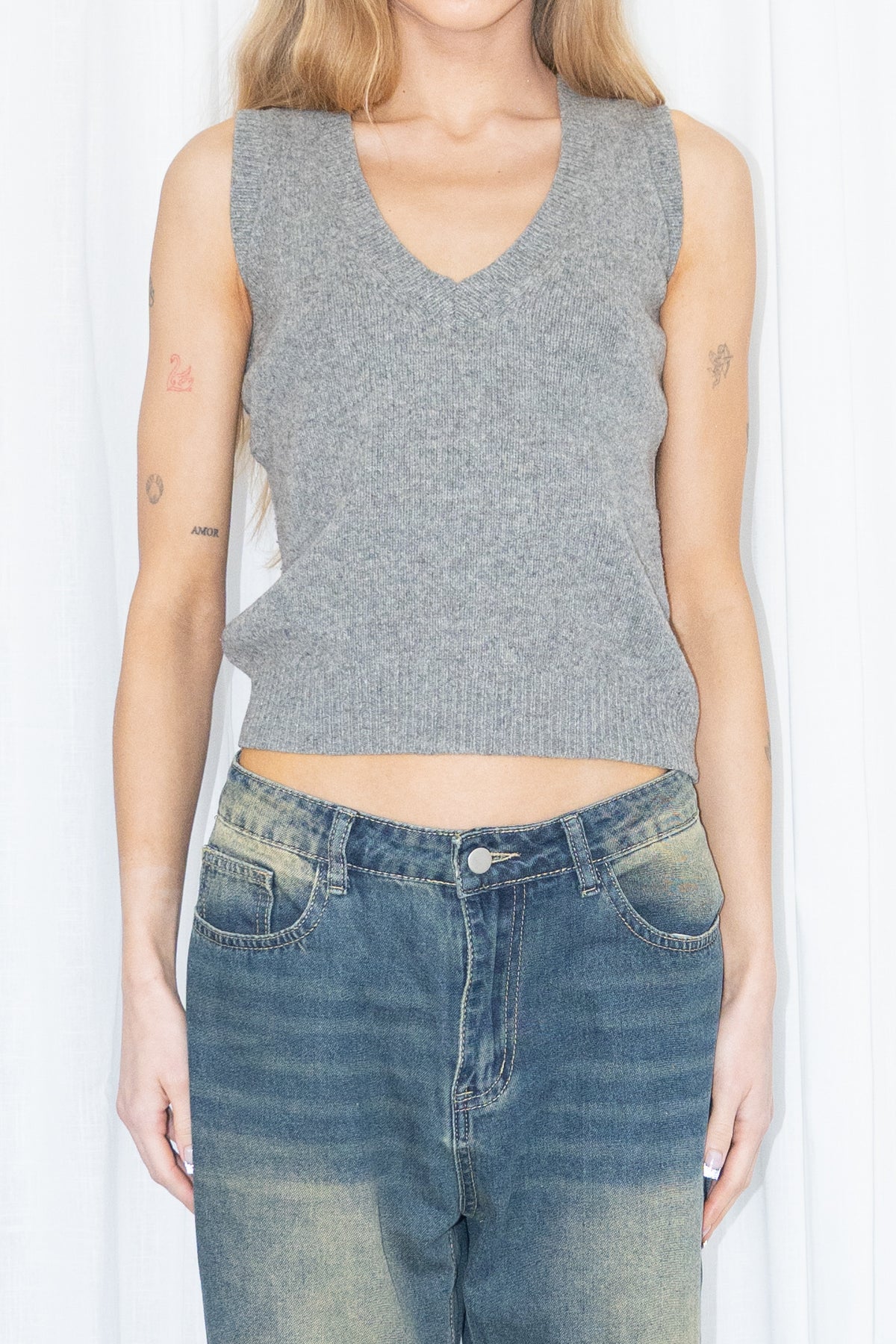 Grey V-Neck Knit Vest 100% Wool - Size S