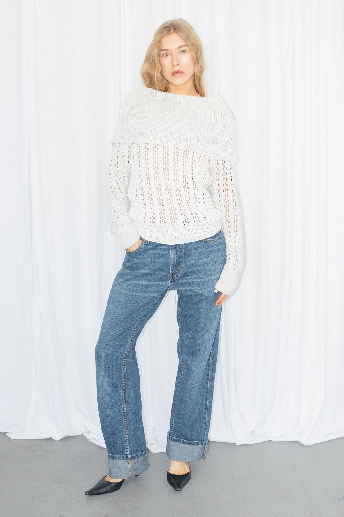DKNY White Open-Knit Sweater - Size M