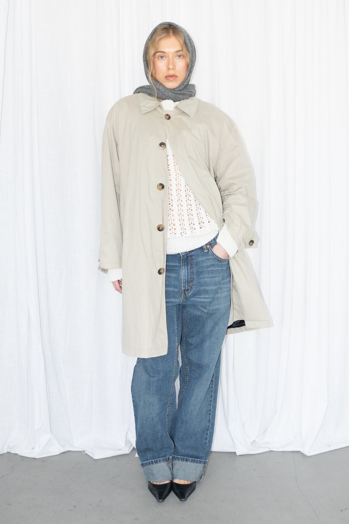 Beige Long Trench Coat Cotton - Size XL