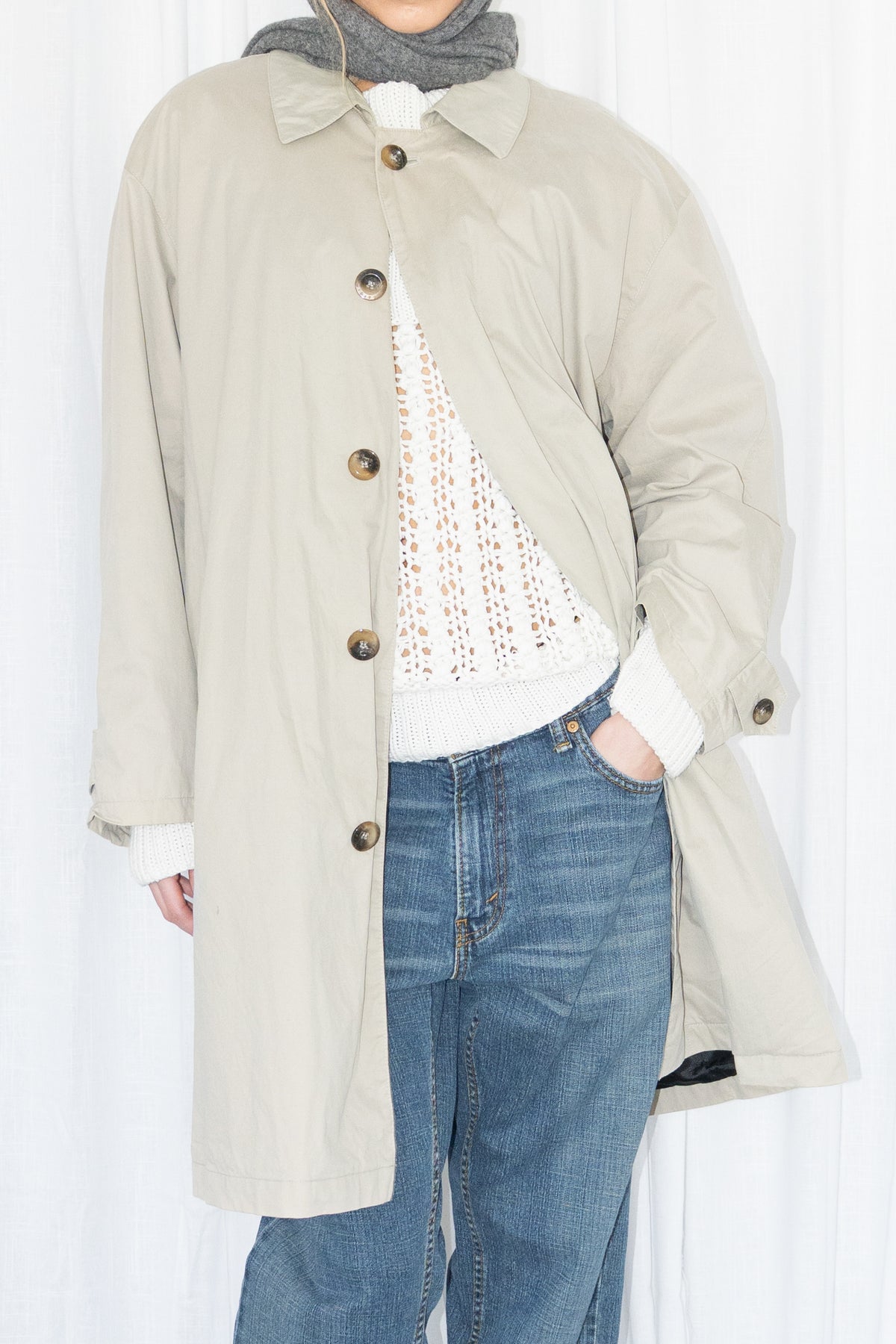Beige Long Trench Coat Cotton - Size XL