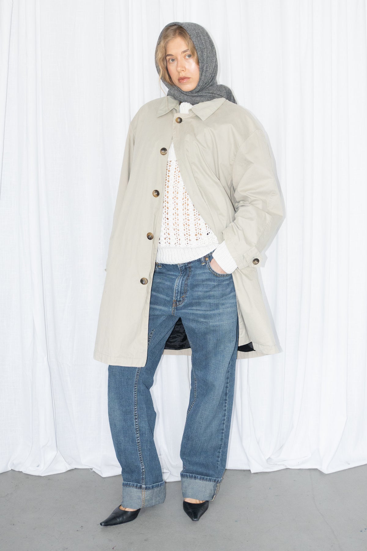 Beige Long Trench Coat Cotton - Size XL